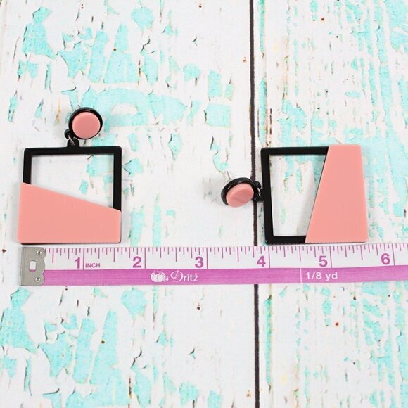 Modern Geometric Dangle Earrings - Pink & Black Statement - Picture 4 of 4